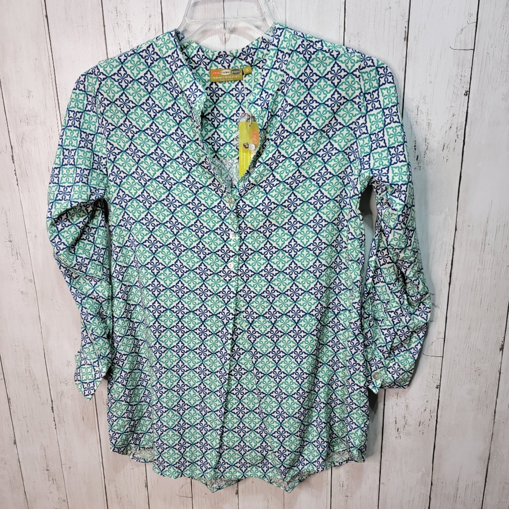 NEW! Rock Paper Flower Blue Green Print Popover Tunic Blouse Long Sleeve
